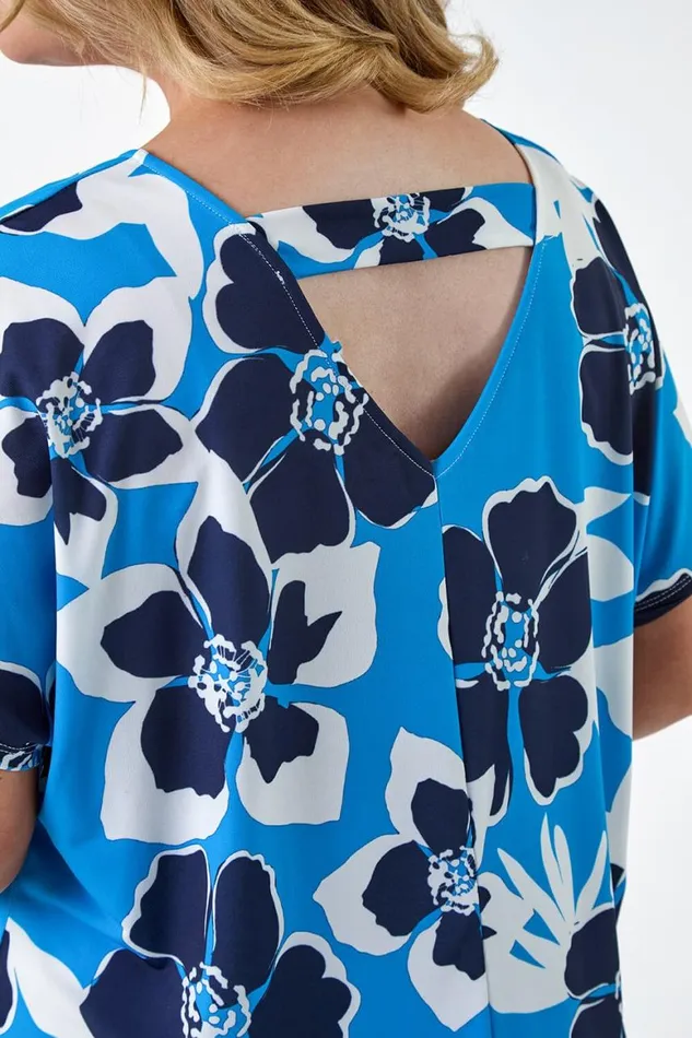 Women Blue Curve Floral Bar Back Stretch Top Roman Tops