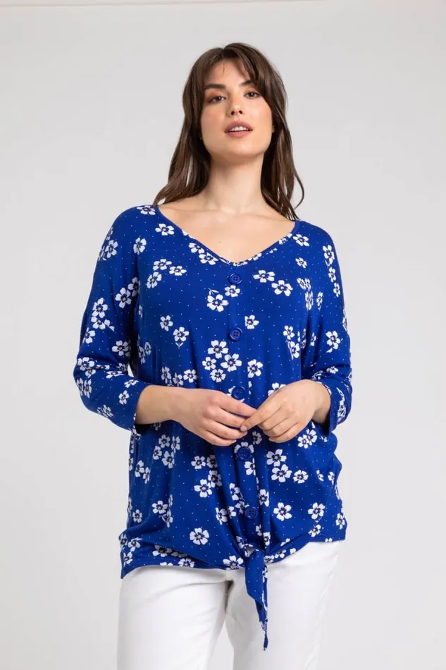 Women Blue Curve Floral VNeck Button Down Tie Top Roman Tops
