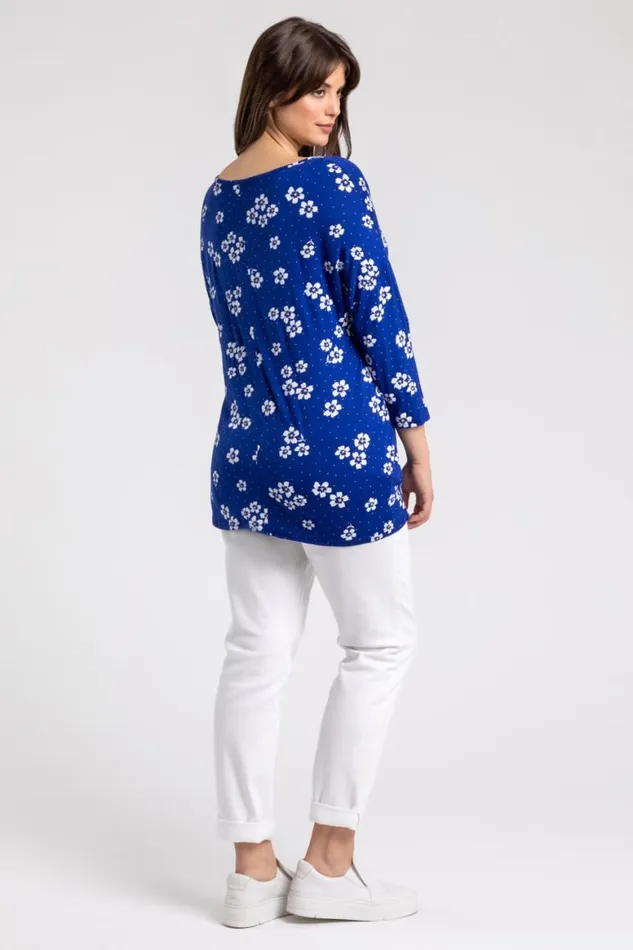 Women Blue Curve Floral VNeck Button Down Tie Top Roman Tops