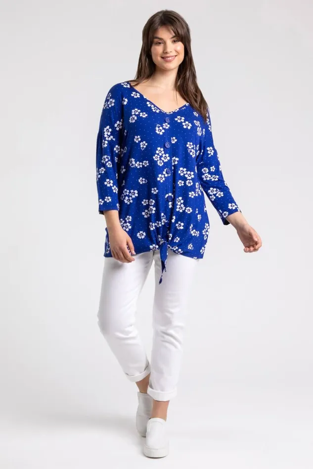 Women Blue Curve Floral VNeck Button Down Tie Top Roman Tops