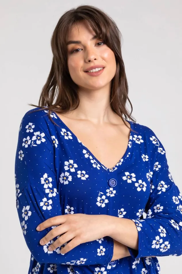 Women Blue Curve Floral VNeck Button Down Tie Top Roman Tops
