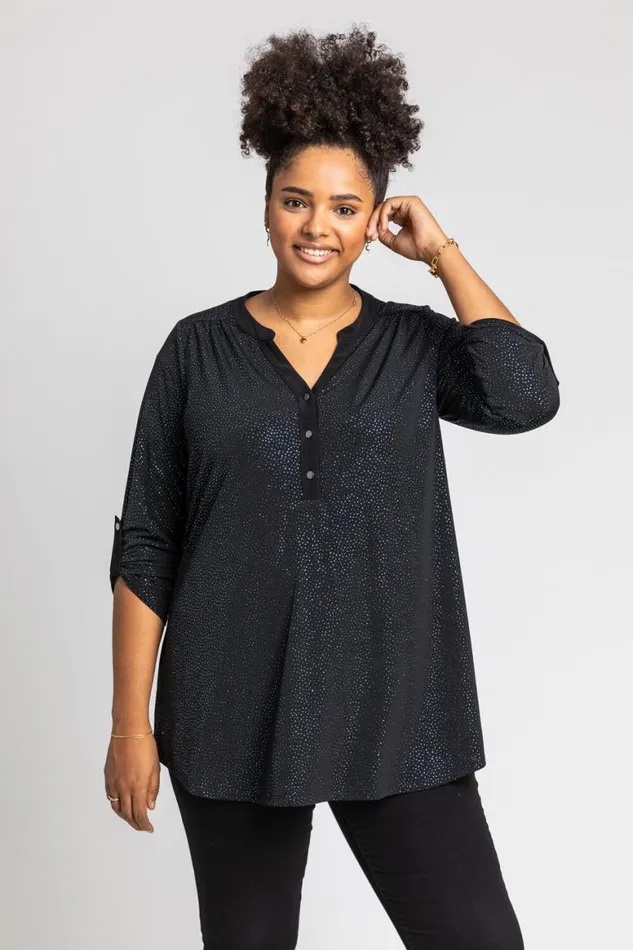 Women Blue Curve Glitter Button Tunic Top Roman Tops