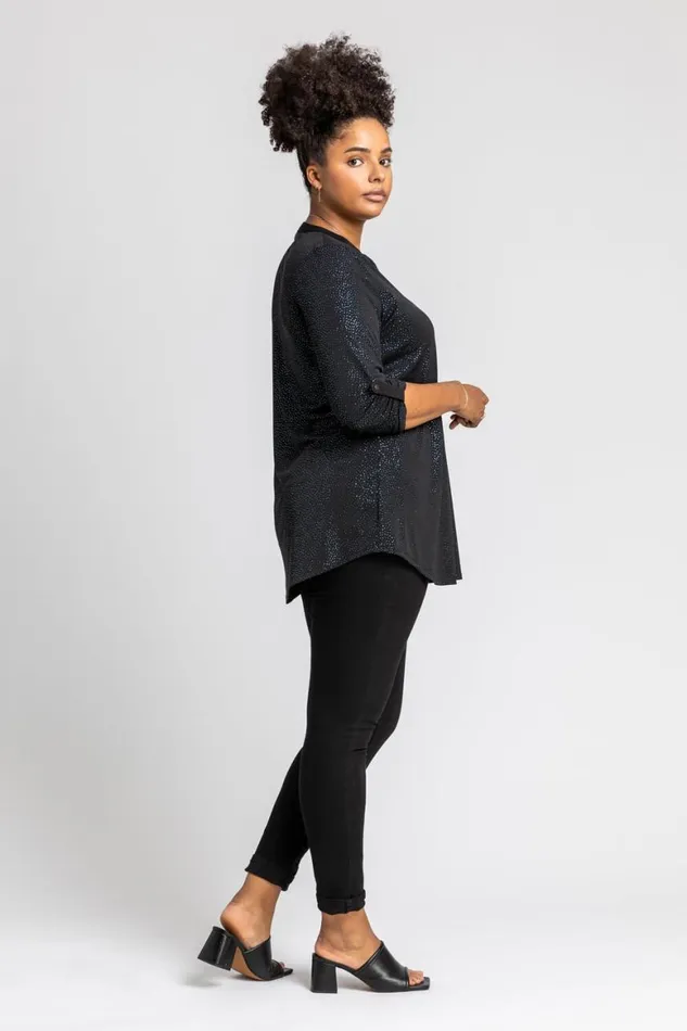 Women Blue Curve Glitter Button Tunic Top Roman Tops