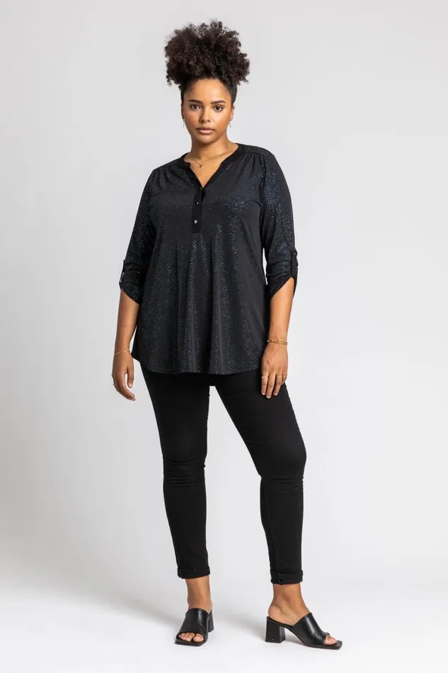 Women Blue Curve Glitter Button Tunic Top Roman Tops