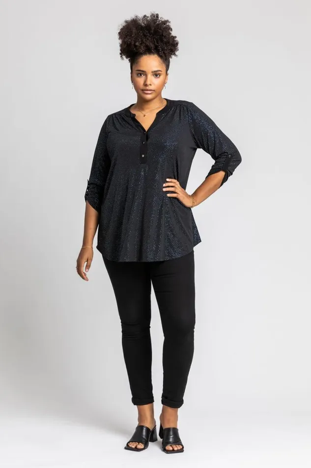 Women Blue Curve Glitter Button Tunic Top Roman Tops