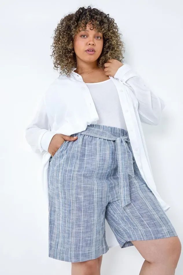 Women Blue Curve Stripe Print Cotton Shorts Roman Shorts