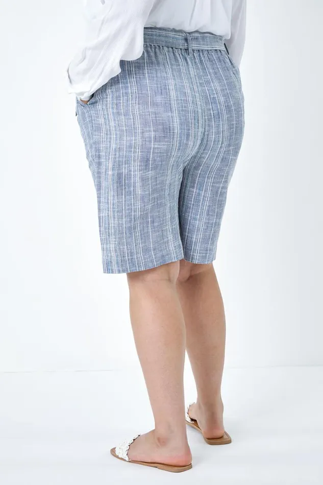 Women Blue Curve Stripe Print Cotton Shorts Roman Shorts
