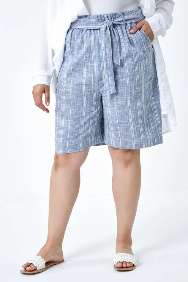 Women Blue Curve Stripe Print Cotton Shorts Roman Shorts