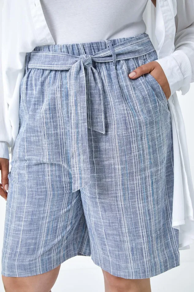 Women Blue Curve Stripe Print Cotton Shorts Roman Shorts