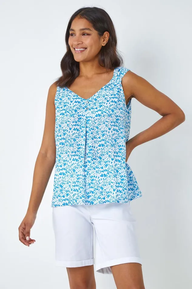 Women Blue Ditsy Print Pleat Front Cami Top Roman Tops