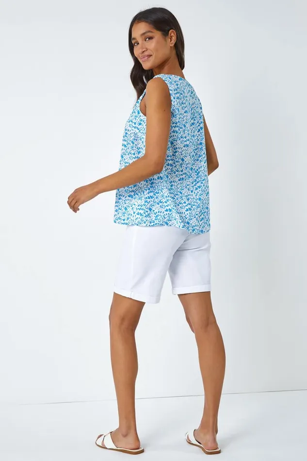 Women Blue Ditsy Print Pleat Front Cami Top Roman Tops