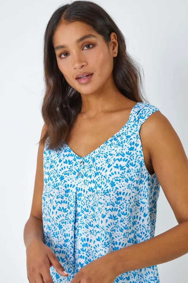 Women Blue Ditsy Print Pleat Front Cami Top Roman Tops
