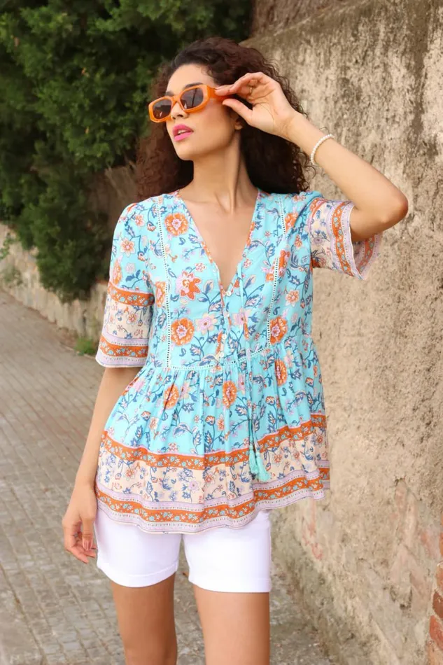 Women Blue Floral Border Print Tassel Detail Top Roman Tops