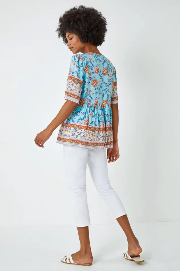 Women Blue Floral Border Print Tassel Detail Top Roman Tops