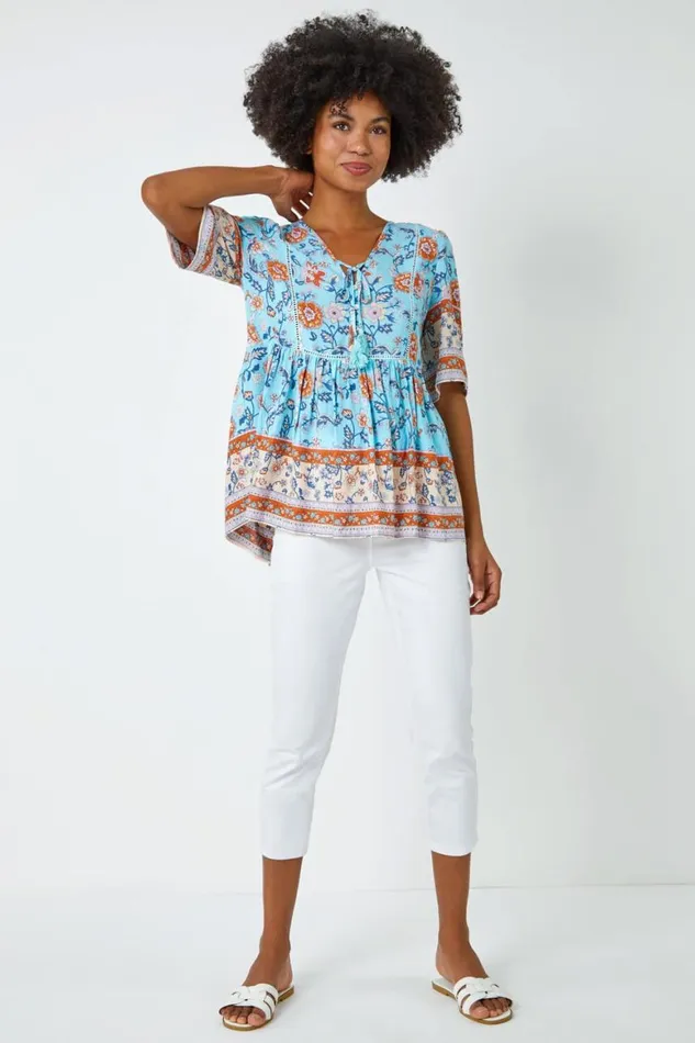 Women Blue Floral Border Print Tassel Detail Top Roman Tops
