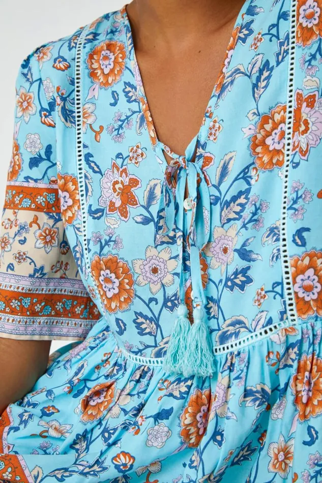 Women Blue Floral Border Print Tassel Detail Top Roman Tops