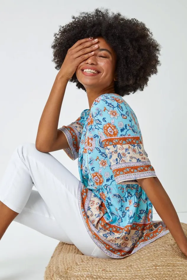 Women Blue Floral Border Print Tassel Detail Top Roman Tops