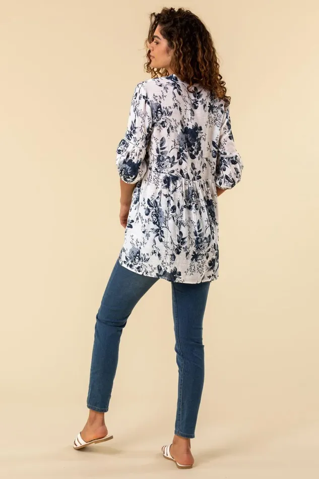 Women Blue Floral Print Notch Neck Top Roman Tops