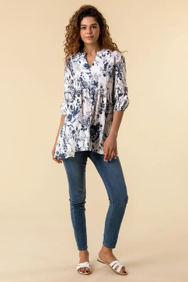 Women Blue Floral Print Notch Neck Top Roman Tops