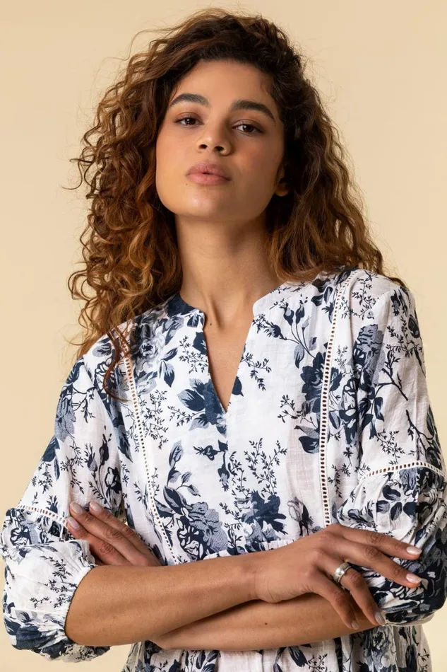 Women Blue Floral Print Notch Neck Top Roman Tops