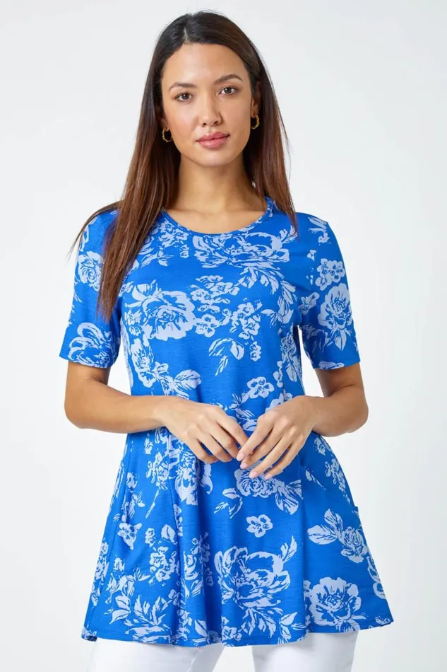 Women Blue Floral Print Stretch Tunic Pocket Top Roman Tops