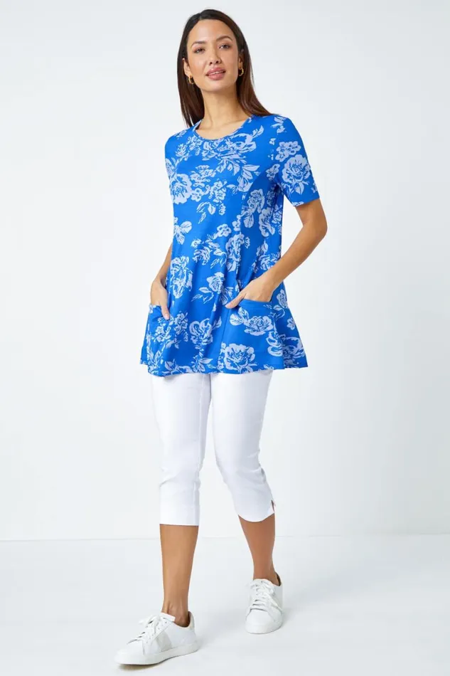 Women Blue Floral Print Stretch Tunic Pocket Top Roman Tops