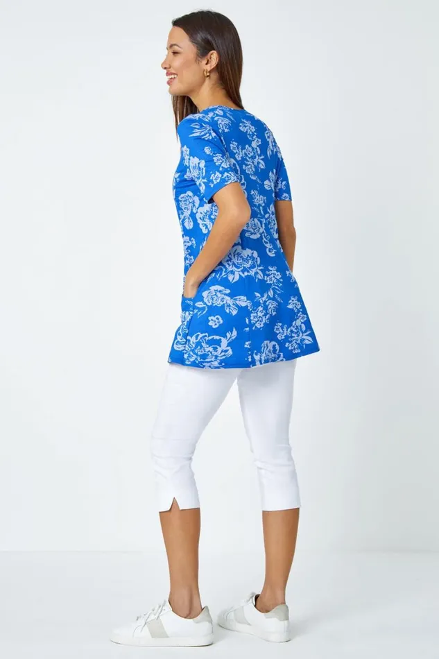 Women Blue Floral Print Stretch Tunic Pocket Top Roman Tops