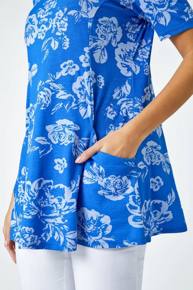 Women Blue Floral Print Stretch Tunic Pocket Top Roman Tops