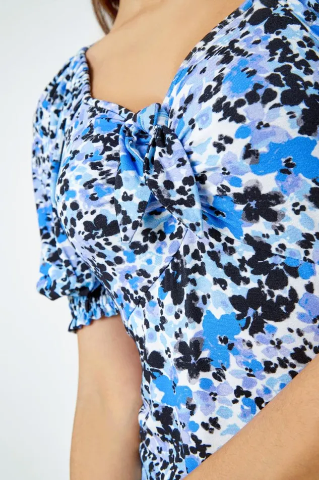 Women Blue Floral Print VNeck Tie Detail Jersey Top Roman Tops