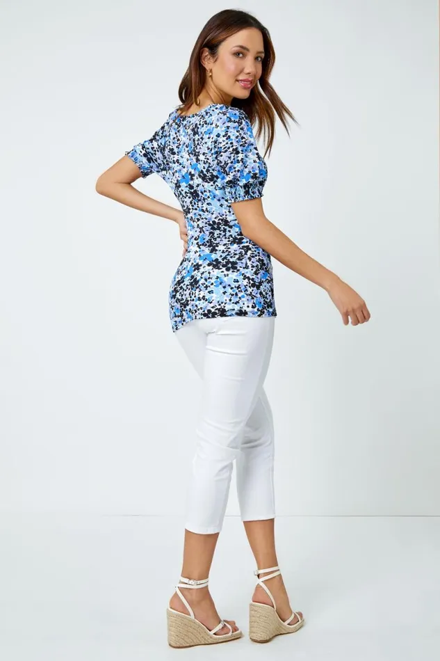 Women Blue Floral Print VNeck Tie Detail Jersey Top Roman Tops