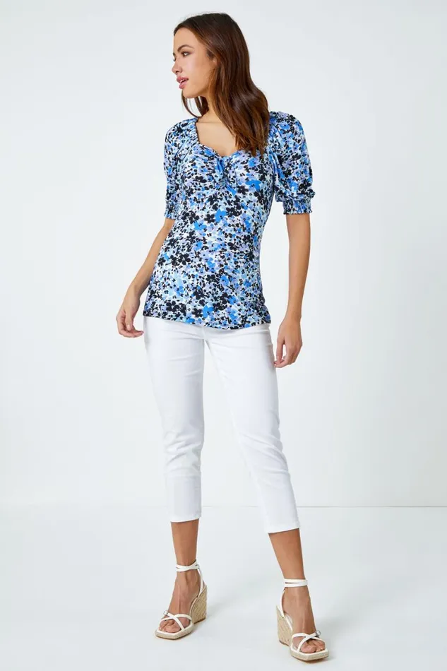Women Blue Floral Print VNeck Tie Detail Jersey Top Roman Tops