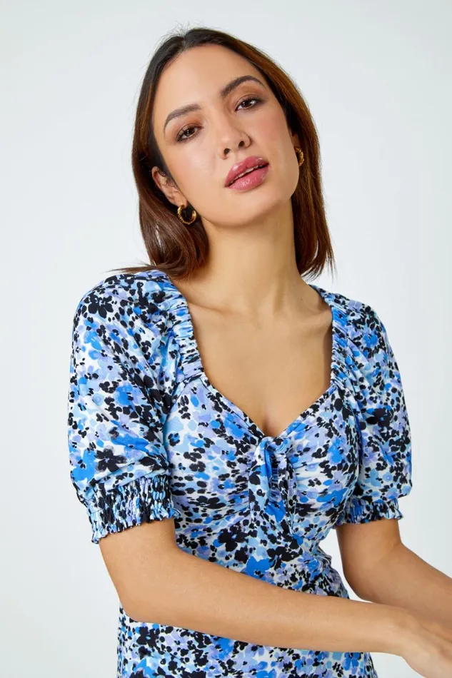 Women Blue Floral Print VNeck Tie Detail Jersey Top Roman Tops