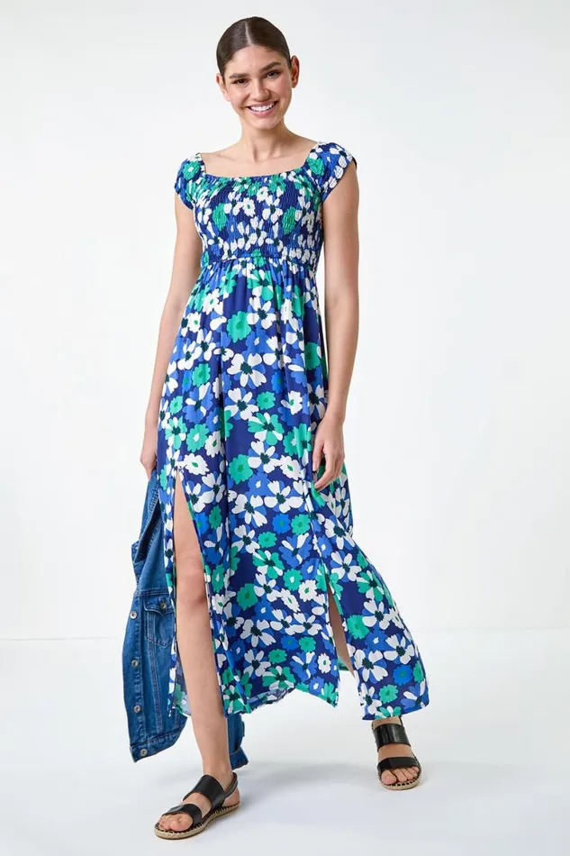 Women Blue Floral Shirred Bardot Maxi Dress Roman Dresses