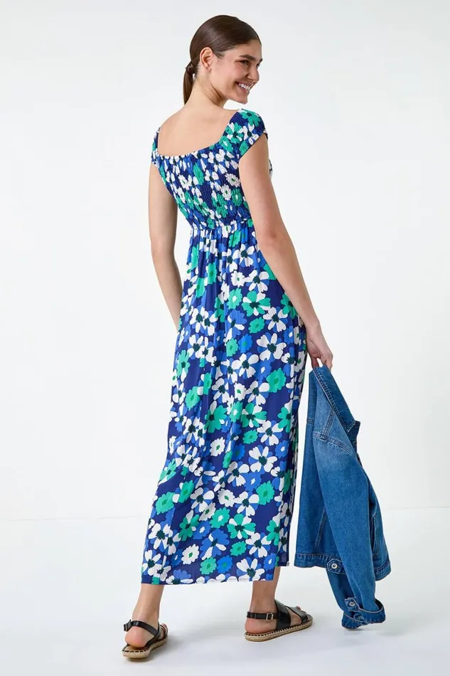 Women Blue Floral Shirred Bardot Maxi Dress Roman Dresses