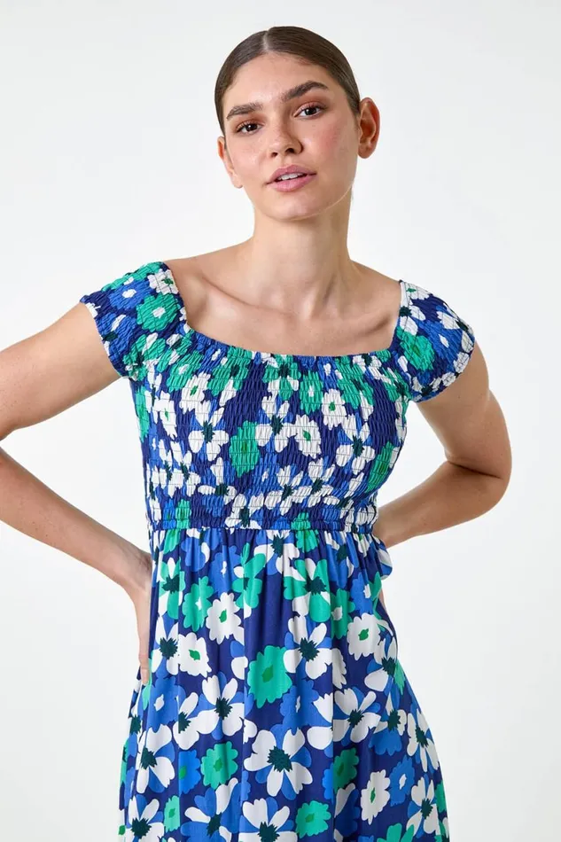 Women Blue Floral Shirred Bardot Maxi Dress Roman Dresses