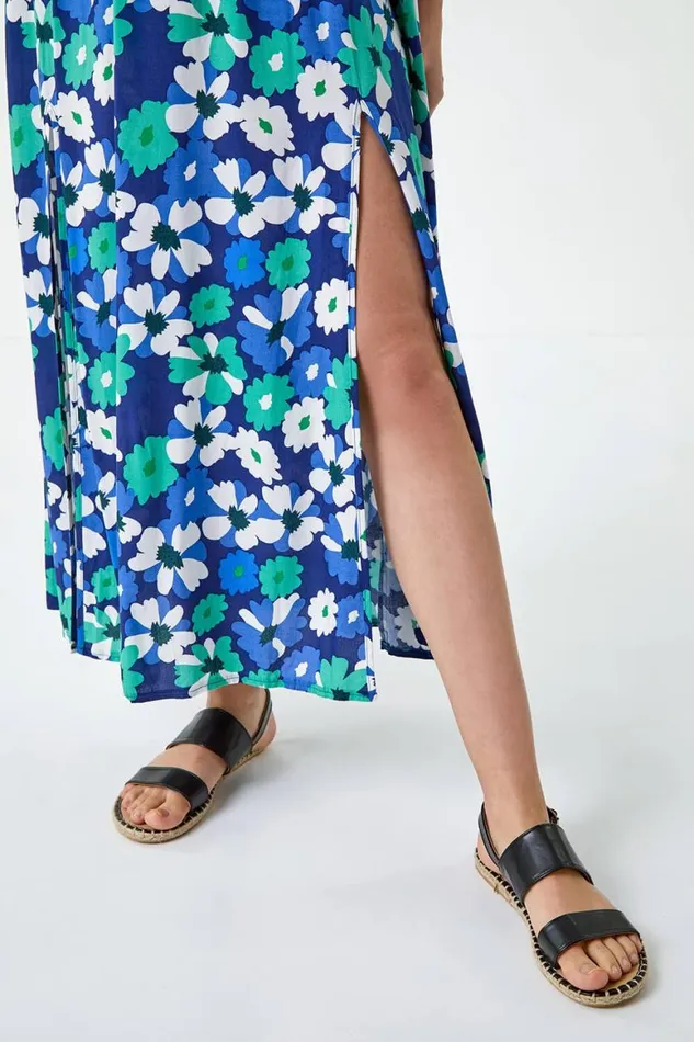 Women Blue Floral Shirred Bardot Maxi Dress Roman Dresses