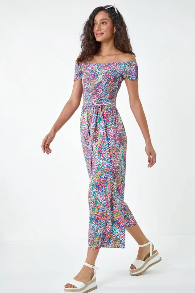 Women Blue Floral Shirred Stretch Bardot Jumpsuit Roman Dresses