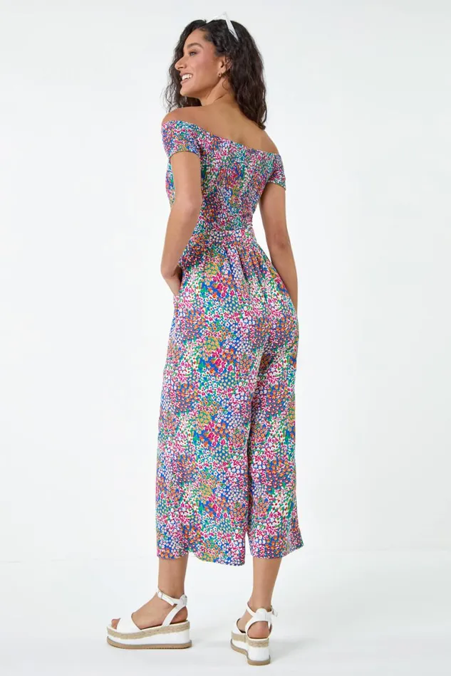 Women Blue Floral Shirred Stretch Bardot Jumpsuit Roman Dresses