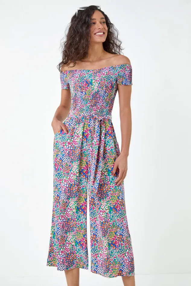 Women Blue Floral Shirred Stretch Bardot Jumpsuit Roman Dresses