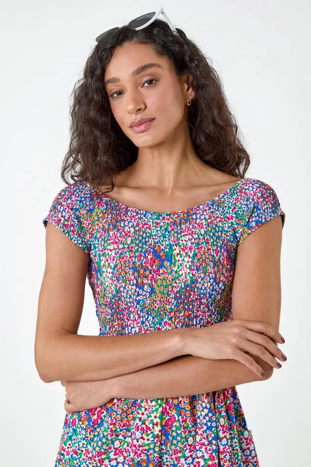 Women Blue Floral Shirred Stretch Bardot Jumpsuit Roman Dresses