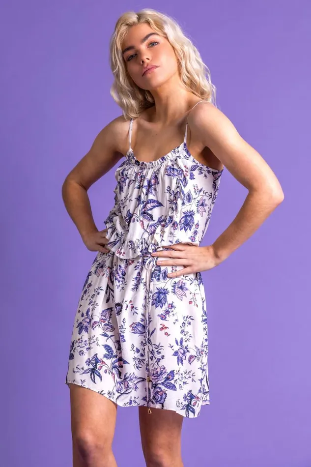 Women Blue Frill Hem Leaf Print Sundress Roman Dresses