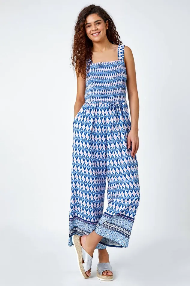 Women Blue Geometric Print Wide Leg Stretch Jumpsuit Roman Dresses