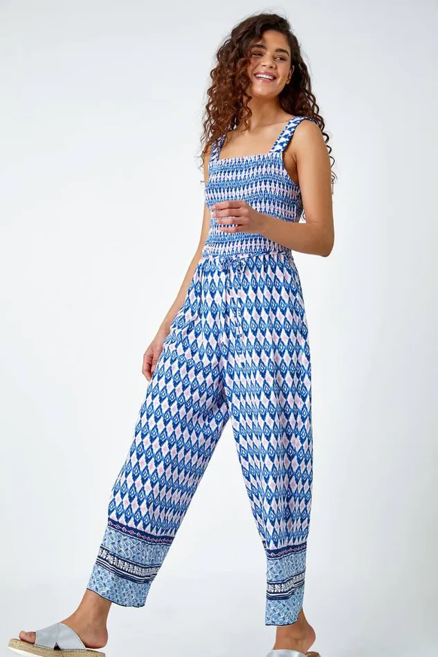 Women Blue Geometric Print Wide Leg Stretch Jumpsuit Roman Dresses