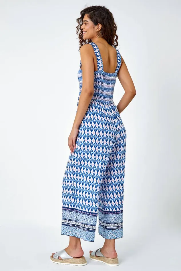 Women Blue Geometric Print Wide Leg Stretch Jumpsuit Roman Dresses