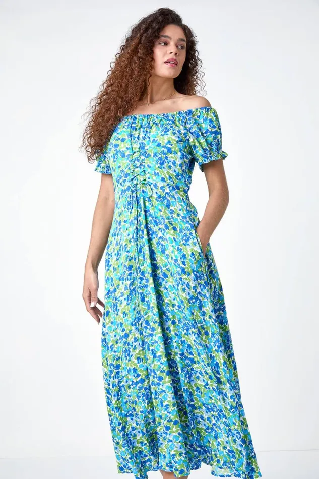 Women Blue Lace Up Detail Floral Bardot Dress Roman Dresses