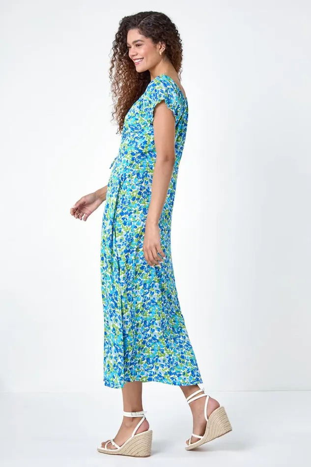 Women Blue Lace Up Detail Floral Bardot Dress Roman Dresses