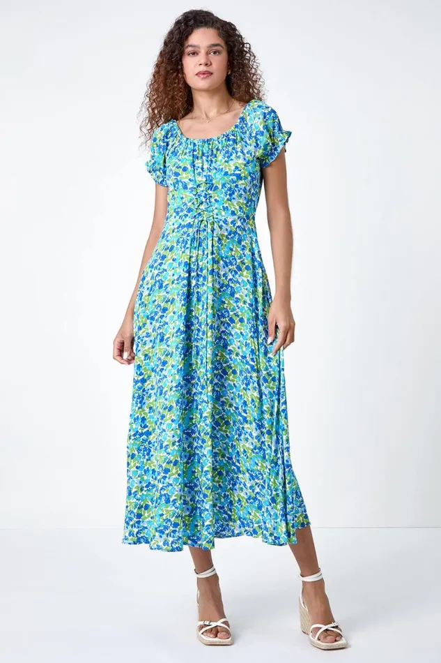 Women Blue Lace Up Detail Floral Bardot Dress Roman Dresses