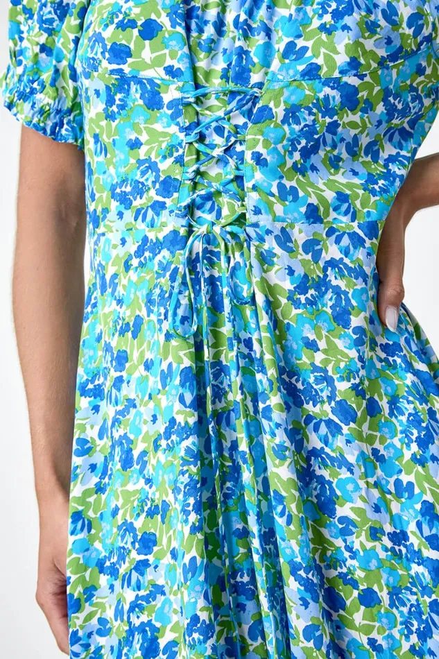 Women Blue Lace Up Detail Floral Bardot Dress Roman Dresses