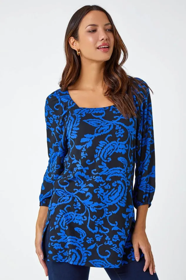 Women Blue Paisley Print Square Neckline Tunic Top Roman Tops