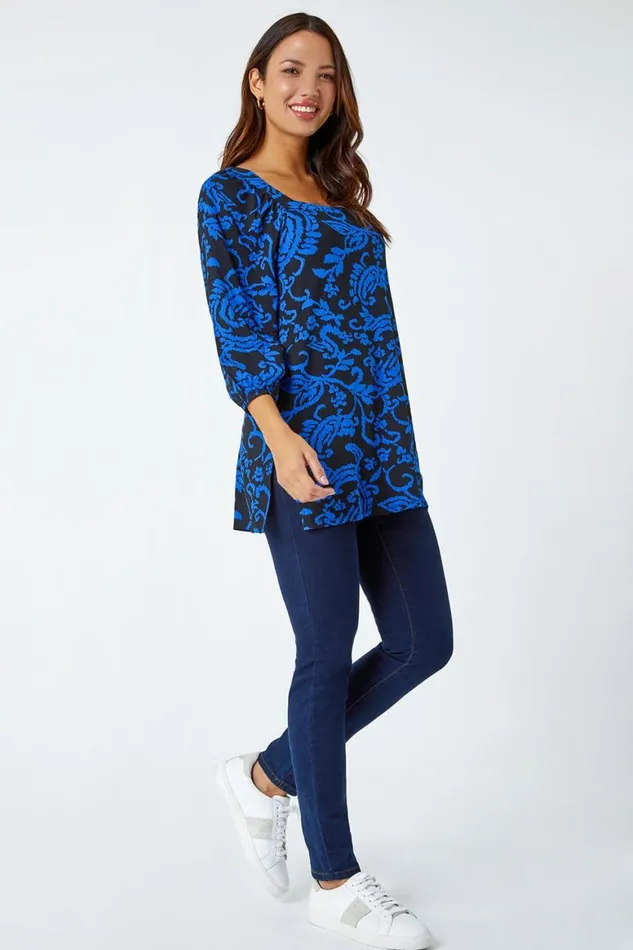 Women Blue Paisley Print Square Neckline Tunic Top Roman Tops